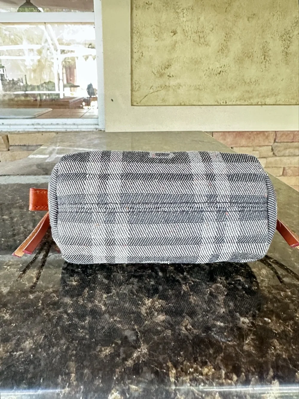 DOONEY & BOURKE ~ Gray Denim Plaid Pouch with Leather Trim and Red Interior